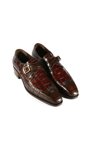 Ambrogio Dark Brown & Burgundy Crocodile Embossed / Leather Monk Strap (AMBX1001)-AmbrogioShoes