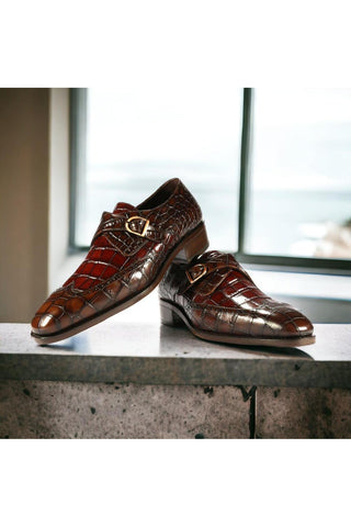 Ambrogio Dark Brown & Burgundy Crocodile Embossed / Leather Monk Strap (AMBX1001)-AmbrogioShoes