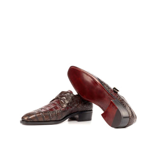 Ambrogio Dark Brown & Burgundy Crocodile Print / Calf-Skin Leather Monk Strap (AMB1807)-AmbrogioShoes