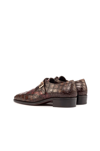 Ambrogio Dark Brown & Burgundy Crocodile Print / Calf-Skin Leather Monk Strap (AMB1807)-AmbrogioShoes