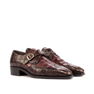 Ambrogio Dark Brown & Burgundy Crocodile Print / Calf-Skin Leather Monk Strap (AMB1807)-AmbrogioShoes