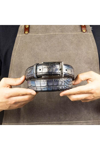 Ambrogio Darkar Blue Crocodile Embossed Leather Hampton Men's Belt (AMBB1045)-AmbrogioShoes
