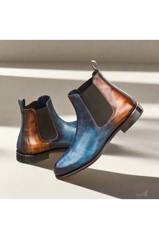 Ambrogio Denim Blue & Brown Crust Patina Leather Chelsea Boots (AMB1025)-AmbrogioShoes