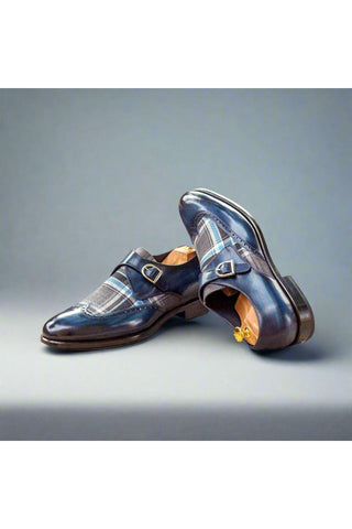 Ambrogio Denim Plaid Sartorial / Patina Leather Monk-Straps Loafers (AMB1060)-AmbrogioShoes