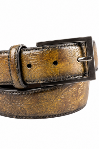 Ambrogio Floral Green Patina Leather Hampton Men's Belt (AMBB1043)-AmbrogioShoes