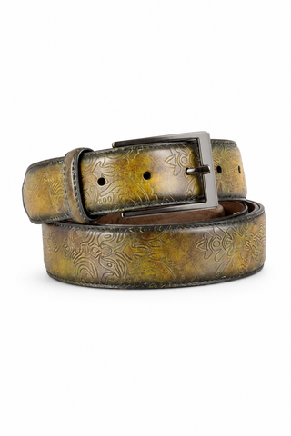Ambrogio Floral Green Patina Leather Hampton Men's Belt (AMBB1043)-AmbrogioShoes