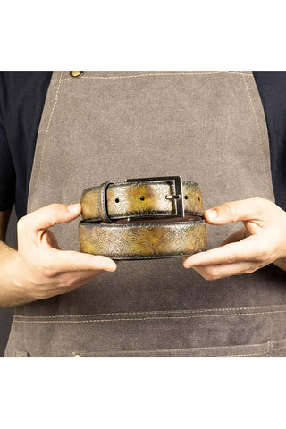 Ambrogio Floral Green Patina Leather Hampton Men's Belt (AMBB1043)-AmbrogioShoes
