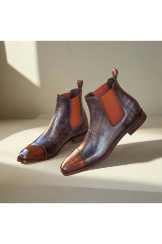 Ambrogio Gray & Brown Crust Patina Leather Cap-Toe Chelsea Boots (AMB1027)-AmbrogioShoes