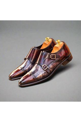 Ambrogio Gray & Burugndy Patina Leather Monk-Straps Loafers(AMB1139)-AmbrogioShoes