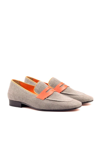Ambrogio Gray & Orange Linen / Calf-Skin Leather Penny Loafers (AMB1476)-AmbrogioShoes