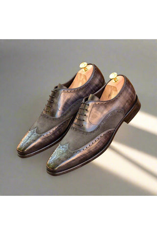 Ambrogio Gray Suede / Patina Leather Full Brogue Wing-Tip Oxfords (AMB1328)-AmbrogioShoes