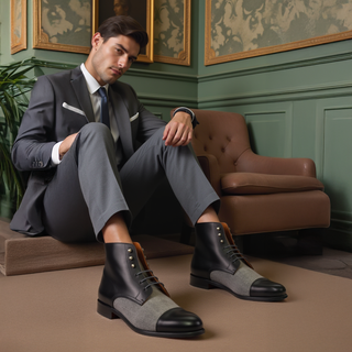 Ambrogio Handmade Black & Gray Fabric / Calf-Skin Leather Jumper Boots (AMB2501)-AmbrogioShoes