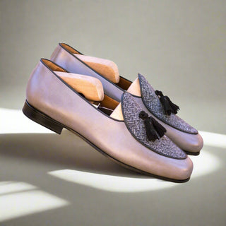 Ambrogio Handmade Black & Gray Fabric / Suede / Calf-Skin Leather Belgian Loafers (AMB2564)-AmbrogioShoes