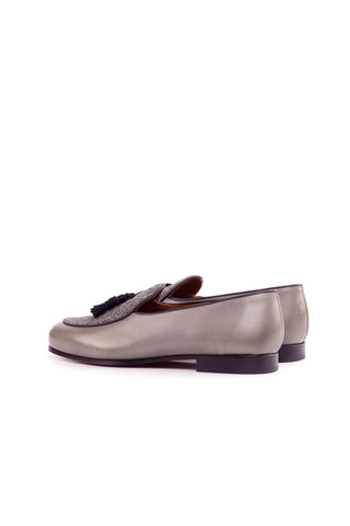 Ambrogio Handmade Black & Gray Fabric / Suede / Calf-Skin Leather Belgian Loafers (AMB2564)-AmbrogioShoes