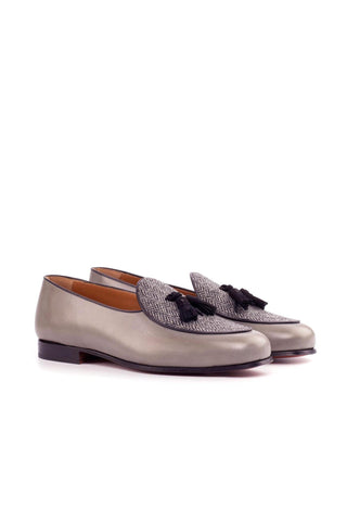 Ambrogio Handmade Black & Gray Fabric / Suede / Calf-Skin Leather Belgian Loafers (AMB2564)-AmbrogioShoes