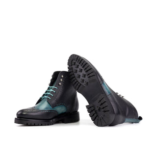 Ambrogio Handmade Black & Turquoise Full Grain / Patina Leather Military Wingtip Boots (AMB2504)-AmbrogioShoes