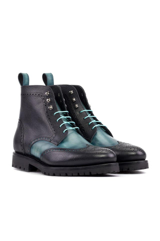 Ambrogio Handmade Black & Turquoise Full Grain / Patina Leather Military Wingtip Boots (AMB2504)-AmbrogioShoes