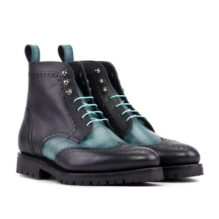 Ambrogio Handmade Black & Turquoise Full Grain / Patina Leather Military Wingtip Boots (AMB2504)-AmbrogioShoes