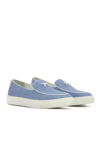 Ambrogio Handmade Blue Linen Fabric Slip-On Belgian Sneakers (AMB2551)-AmbrogioShoes