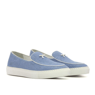 Ambrogio Handmade Blue Linen Fabric Slip-On Belgian Sneakers (AMB2551)-AmbrogioShoes