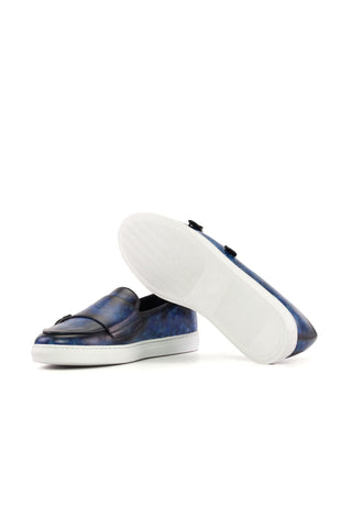 Ambrogio Handmade Blue Patina Leather Monk Sneakers (AMB2429)-AmbrogioShoes
