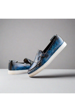 Ambrogio Handmade Blue Patina Leather Monk Sneakers (AMB2429)-AmbrogioShoes