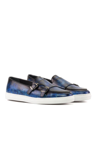 Ambrogio Handmade Blue Patina Leather Monk Sneakers (AMB2429)-AmbrogioShoes