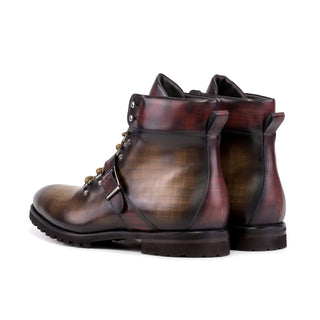 Ambrogio Handmade Brown & Burgundy Patina Leather Hiking Boots (AMB2492)-AmbrogioShoes