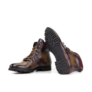 Ambrogio Handmade Brown & Burgundy Patina Leather Hiking Boots (AMB2492)-AmbrogioShoes