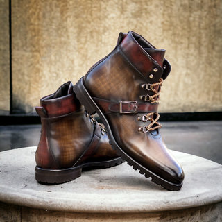 Ambrogio Handmade Brown & Burgundy Patina Leather Hiking Boots (AMB2492)-AmbrogioShoes