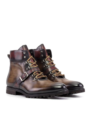 Ambrogio Handmade Brown & Burgundy Patina Leather Hiking Boots (AMB2492)-AmbrogioShoes