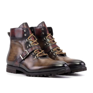 Ambrogio Handmade Brown & Burgundy Patina Leather Hiking Boots (AMB2492)-AmbrogioShoes