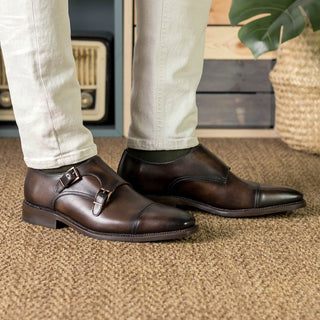 Ambrogio Handmade Brown Calf-Skin Leather Double Monk-Straps Loafers (AMB2461)-AmbrogioShoes