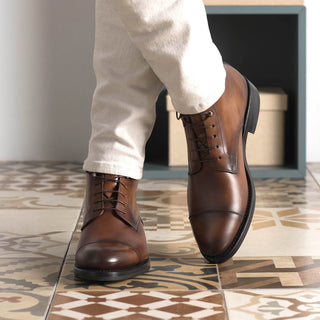 Ambrogio Handmade Brown Calf-Skin Leather Jumper Cap-Toe Boots (AMB2525)-AmbrogioShoes