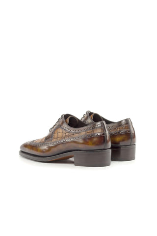 Ambrogio Handmade Brown & Fire Crocodile Embossed / Patina Leather Longwing Blucher Oxfords (AMB2241)-AmbrogioShoes