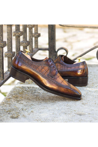 Ambrogio Handmade Brown & Fire Crocodile Embossed / Patina Leather Longwing Blucher Oxfords (AMB2241)-AmbrogioShoes