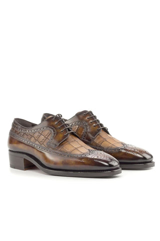 Ambrogio Handmade Brown & Fire Crocodile Embossed / Patina Leather Longwing Blucher Oxfords (AMB2241)-AmbrogioShoes
