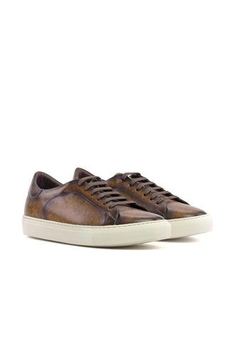 Ambrogio Handmade Brown Patina Leather Trainer Sneakers (AMB2438)-AmbrogioShoes