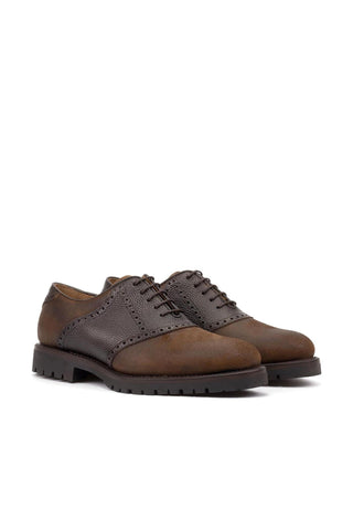 Ambrogio Handmade Brown Waxed Suede / Pebble Grain Leather Saddle Oxfords (AMB2557)-AmbrogioShoes