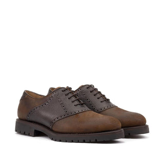Ambrogio Handmade Brown Waxed Suede / Pebble Grain Leather Saddle Oxfords (AMB2557)-AmbrogioShoes