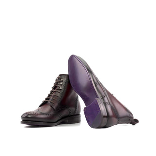 Ambrogio Handmade Burgundy Calf-Skin Leather Military Wingtip Boots (AMB2455)-AmbrogioShoes