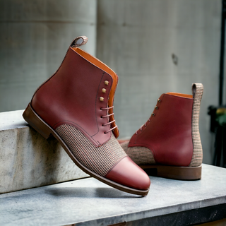 Ambrogio Handmade Burgundy Fabric / Calf-Skin Leather Jumper Boots (AMB2503)-AmbrogioShoes