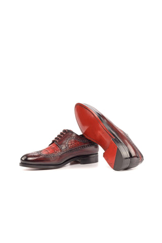 Ambrogio Handmade Burgundy & Red Crocodile Embossed / Patina Leather Longwing Blucher Oxfords (AMB2243)-AmbrogioShoes