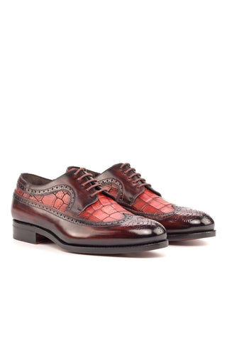 Ambrogio Handmade Burgundy & Red Crocodile Embossed / Patina Leather Longwing Blucher Oxfords (AMB2243)-AmbrogioShoes