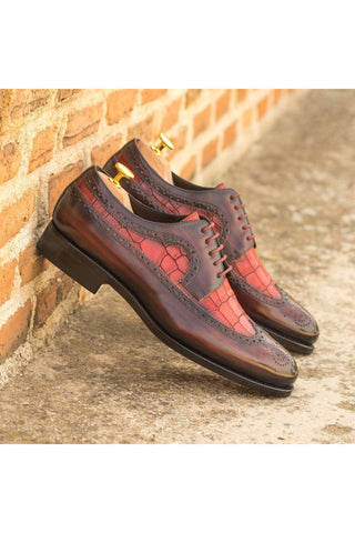 Ambrogio Handmade Burgundy & Red Crocodile Print / Patina Leather Longwing Blucher Oxfords (AMB2243)-AmbrogioShoes