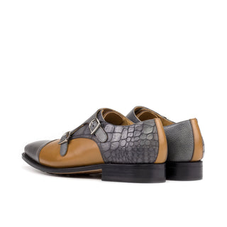 Ambrogio Handmade Cognac & Gray Multi-Materials Monk-Straps Loafers (AMB2442)-AmbrogioShoes