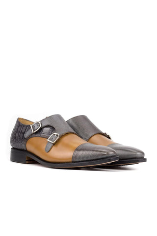 Ambrogio Handmade Cognac & Gray Multi-Materials Monk-Straps Loafers (AMB2442)-AmbrogioShoes