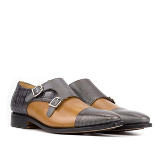 Ambrogio Handmade Cognac & Gray Multi-Materials Monk-Straps Loafers (AMB2442)-AmbrogioShoes