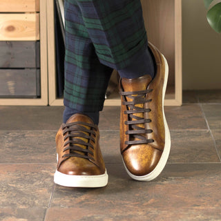 Ambrogio Handmade Cognac Patina Leather Trainer Sneakers (AMB2437)-AmbrogioShoes