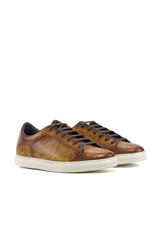 Ambrogio Handmade Cognac Patina Leather Trainer Sneakers (AMB2437)-AmbrogioShoes